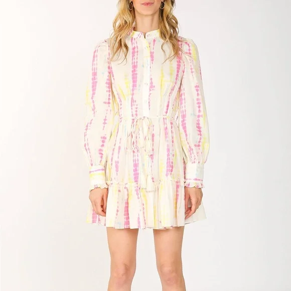 NWT Beulah Women's SZ L Shirt-dress Tie-Dye Bishop Sleeve Tiered Preppy Dress - Picture 2 of 9